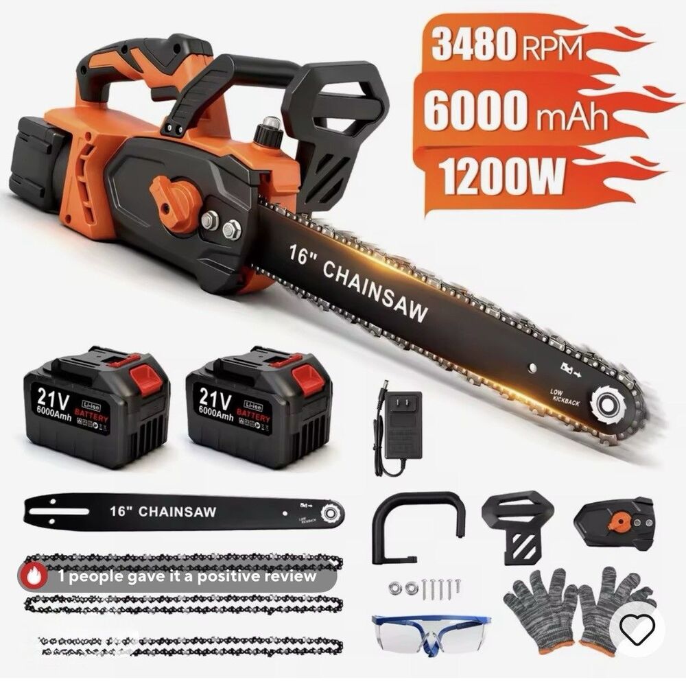 16-Inch 21V Brushless Chainsaw 1200W 3480 RPM w 2 x 6.0Ah Batteries 3 Chains